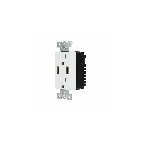 Cable Wholesale White Decora Style Duplex AC 15A 125V Outlet (2 x Nema 5-15R) Featuring Dual USB charge ports 90W1-70100
